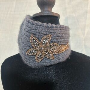 Gray Knit head Scarf wrap with Beaded Flower